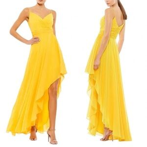 NWT Mac Duggal Ieena Spaghetti Strap High Low Chiffon Dress 6 Mango Yellow